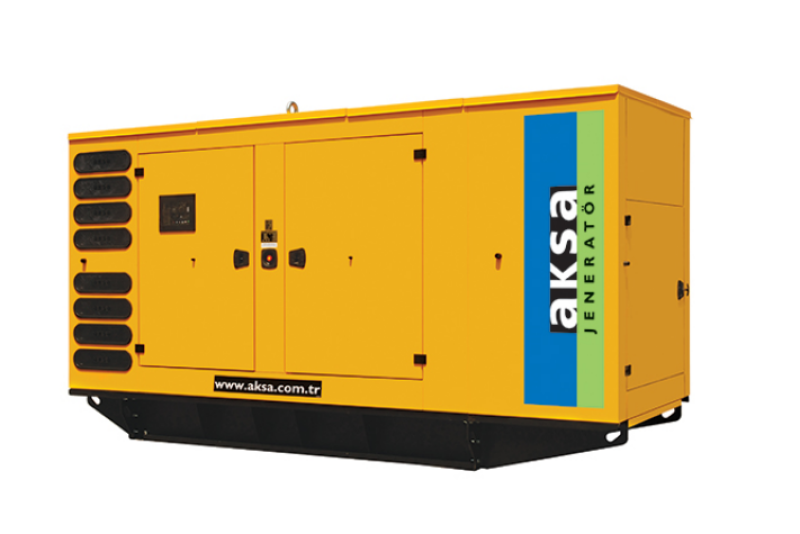 Vorderansicht des AKSA APD275C Dieselgenerators mit gut sichtbarem Gehäuse und Frontansicht des Geräts